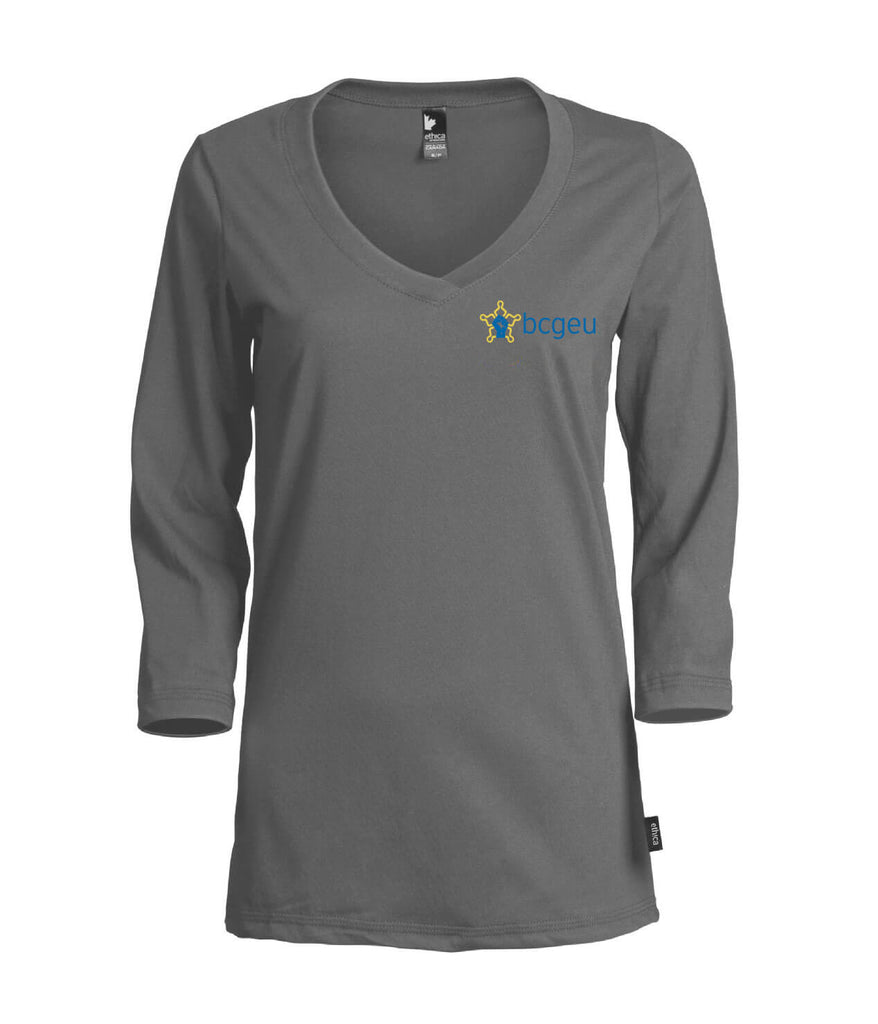 Women’s V-neck ¾ sleeve T-Shirt (BCGEU fist logo)